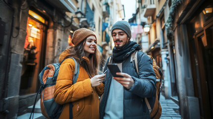 Fototapeta premium Happy couple travel watching gps map on smart phone .