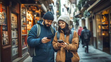 Happy couple travel watching gps map on smart phone .