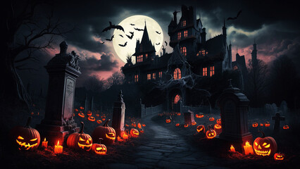 A halloween scene with pumpkins, a full moon and castle in the background.