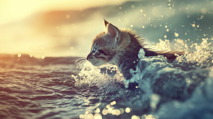 Small kitten swims through water with determination, sunlight reflecting off splashes around it. Background is a blurred seascape, creating serene yet adventurous scene.