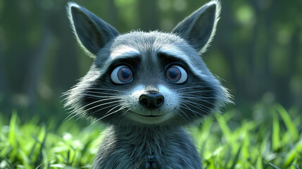 Fototapeta premium Cartoonish raccoon with large expressive eyes stands in lush green grass, exuding a playful and curious demeanor. Background is blurred, emphasizing its detailed features.