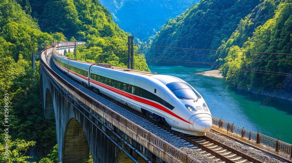 Poster A high-speed train crossing a dramatic bridge over a river or valley, capturing its elegance and speed in a dynamic setting.