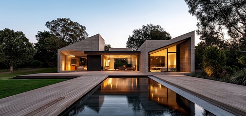 Fototapeta premium Elegant Contemporary House with Tranquil Pool Oasis in Lush Landscape - Luxurious Modern Architecture and Serene Tranquility Perfect for Editorial, Architectural Design, and Real Estate