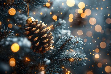 Fototapeta premium Beautifully decorated Christmas tree with golden pine cone ornament