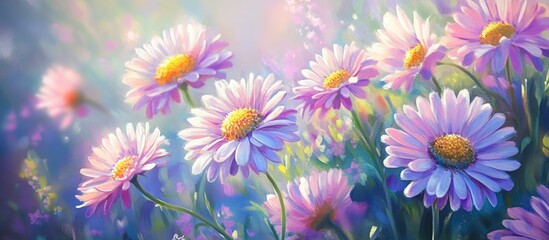Painting of vibrant pastel colored daisies in full bloom capturing the essence of a lovely spring day