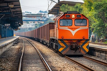 Fototapeta premium Freight Train Approaching Station