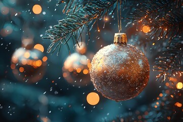 Beautifully decorated Christmas tree with ornaments and snowfall