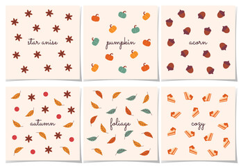 Set of six autumn cards with pumpkins, acorns, leaves, and cozy pies. Perfect for seasonal decor, invitations, and scrapbooking. Warm and rustic fall vibes. Thanksgiving postcards. Harvest Day.