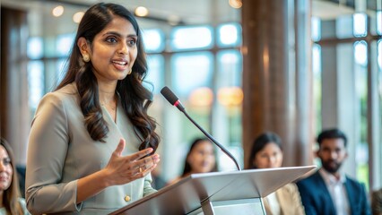 Indian Woman Presenter at Business Event - An Indian woman presenting at a business event podium.	
