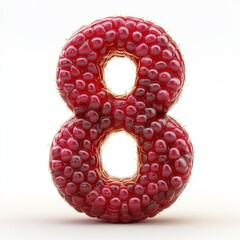 3D number 8 with raspberry texture realistic modern design, soft lighting, white background. 