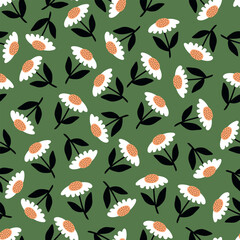 White chamomiles flower hand drawn vector illustration. Cute floral seamless pattern for kids fabric or wallpaper.