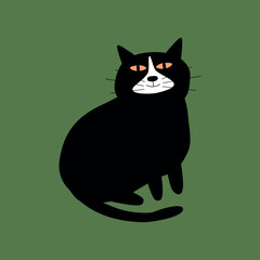 Funny black cat hand drawn vector illustration. Isolated animal character for kids poster or logo.
