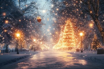 Winter wonderland with sparkling lights in a snowy park at night