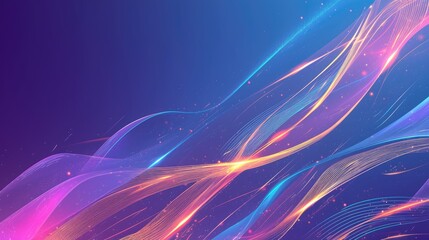 Naklejka premium Abstract neon colored technological banner featuring curved metal stripes illuminated by laser beams set against a backdrop of overlapping wavy shapes with glare and glow Vector design