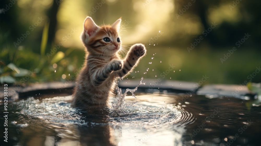 Poster a kitten standing in a small puddle, happily batting at the water with its paws, creating ripples an
