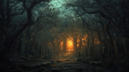 Eerie forest path illuminated by a mysterious golden light, surrounded by twisted trees and overgrown vegetation.