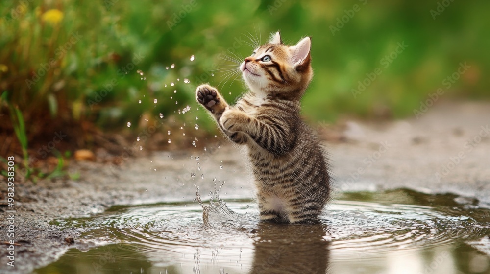 Poster a kitten standing in a small puddle, happily batting at the water with its paws, creating ripples an
