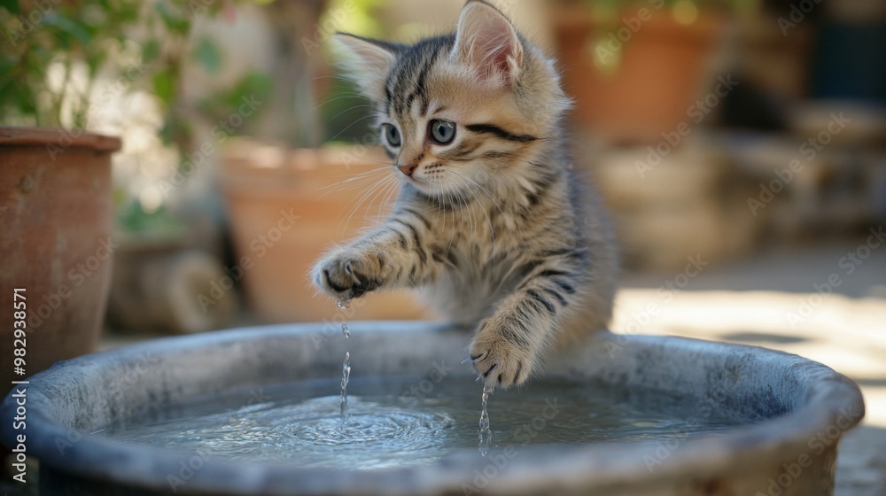 Aufkleber a kitten standing on the edge of a water bowl, cautiously pawing at the water while looking intrigue