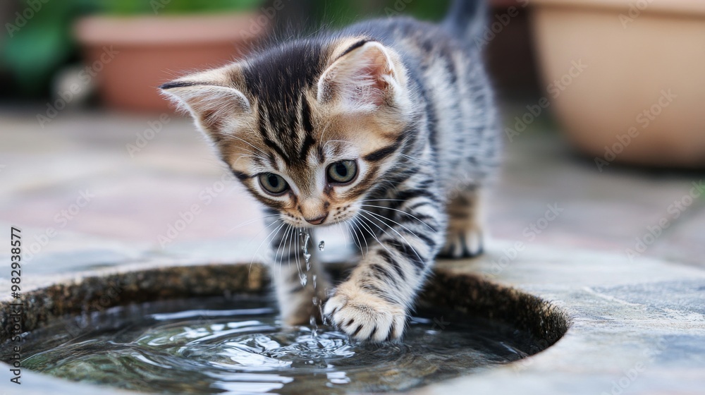 Aufkleber a kitten standing on the edge of a water bowl, cautiously pawing at the water while looking intrigue