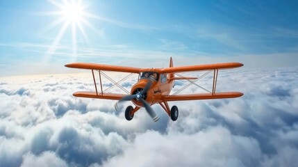 An orange airplane flying through the clouds with sun shining, AI