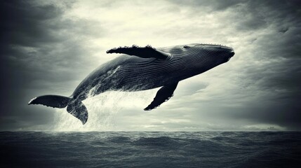 Naklejka premium A powerful whale leaps from the water, creating a splash against the backdrop of dark clouds. The beauty of nature is captured during a moment of pure exhilaration