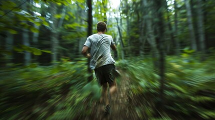 A man is sprinting through a forest, blurred in the natural setting, exuding urgency and energy in the wild landscape