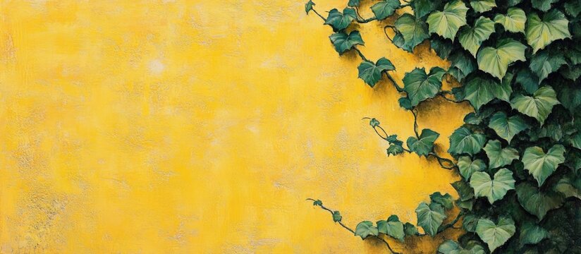 Painting of textured wall adorned with green ivy Bush leaves complement the vibrant yellow surface