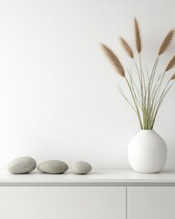 Scandinavian Minimalist Interior Design with Stone Vase and Green Grass, 3D Render