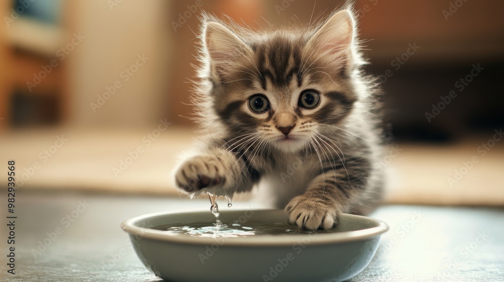 Aufkleber a kitten standing on the edge of a water bowl, cautiously pawing at the water while looking intrigue