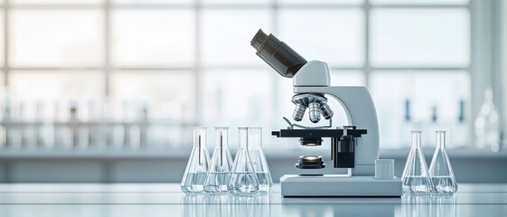 Precision Science Closeup of Metallic Microscope and Glass Beakers in Laboratory Setting, Scientific Investigation Concept, Clean and Sterile Environment for Research, Educational Use