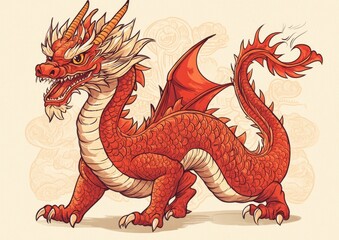 Hand drawn red dragon in a 2D cartoon style inspired by traditional Asian tattoo designs Ideal for tattoo art and illustration
