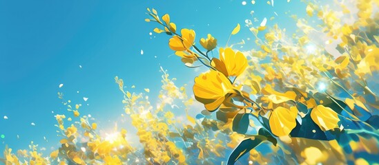 Artwork featuring yellow ipe flowers from the Handroanthus genus set against a sunny backdrop with a blue sky and softly blurred blooms