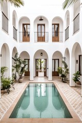 Serene Luxury Symmetrical Courtyard with Blue Pool, Arched Doorways, and Tranquil Ambiance - Ideal for Architectural, Real Estate, and Design Inspiration
