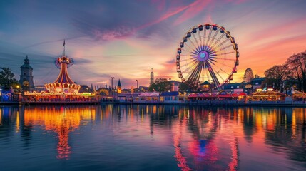 Obraz premium great fair with games and wheel of fortune in a beautiful dramatic sunset
