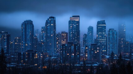 Fototapeta premium A stunning urban skyline showcases tall buildings glimmering with warm light as night falls. Misty clouds shroud the scene, adding a mysterious atmosphere to the vibrant city