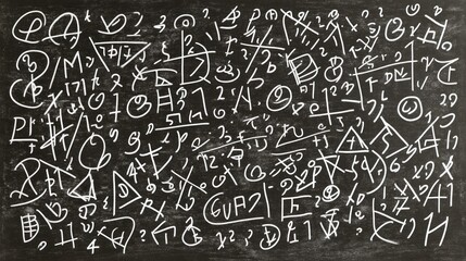 A chalkboard is covered with a chaotic array of symbols, numbers, and shapes, suggesting a brainstorming session or abstract problem-solving activity taking place in a study environment