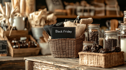 An eye-catching Black Friday sale concept. Aesthetic food shopping. Trendy brown colors. Ideal for advertising, marketing, promotions related to holiday shopping, discounts, and retail events
