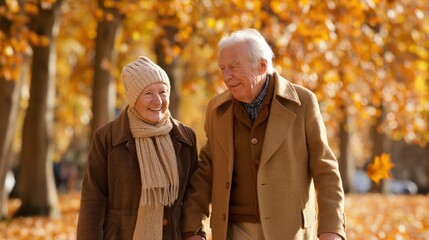 Fototapeta premium An elderly couple strolls together in a park surrounded by vibrant fall foliage. They display warmth and affection as they enjoy the beautiful autumn weather