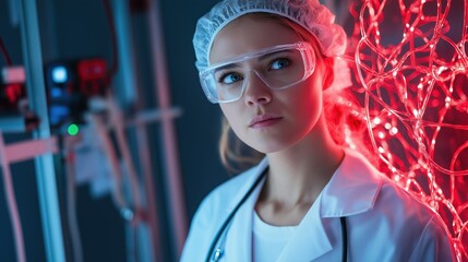 The scientist carefully analyzes the glowing red wires in her modern laboratory, showcasing the intersection of technology and research as she explores innovative solutions