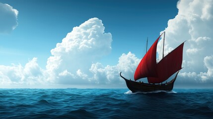 A classic sailing vessel with vibrant red sails navigates the serene blue waters. The scene is set against a clear sky dotted with large, white clouds, evoking a sense of adventure