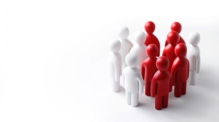 A diverse group of figurines stands together, highlighting unity through the contrasting colors of red and white, symbolizing collaboration and togetherness