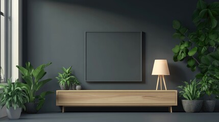 Modern Living Room Interior with TV Cabinet, Lamp, and Green Plants