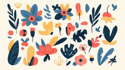 Obraz premium Collection of colorful organic shapes doodles featuring cute botanical elements playful cutouts of tropical leaves and flowers and decorative abstract art vector illustration