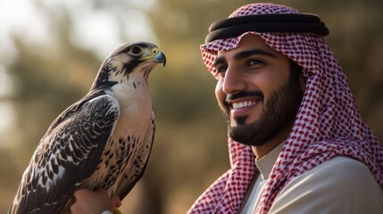 A man in traditional attire smiles at a falcon perched on his arm, showcasing the bond between humans and birds of prey.