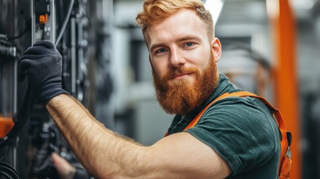 A technician in work gloves and a green shirt smiles while inspecting electrical equipment in an industrial facility, showcasing a hands-on approach to maintenance and repair tasks
