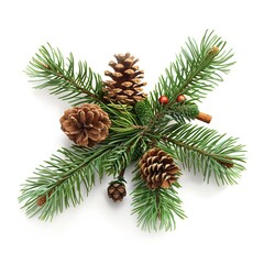 New Year Christmas branches with cones and toys on white background.