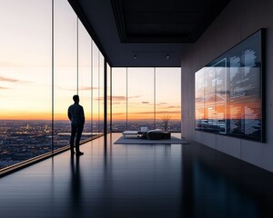 Solitary Contemplation in Modern Urban Oasis Minimalist Interior with Panoramic Cityscape View at Sunset. Tranquil Luxury in Futuristic Setting