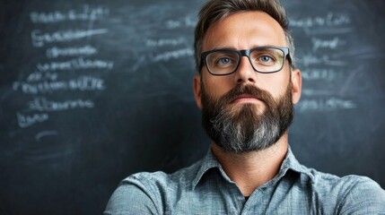 Obraz premium An educator wearing glasses and a beard appears contemplative while looking directly at the camera, with chalkboard notes in the background showcasing his dedication to teaching