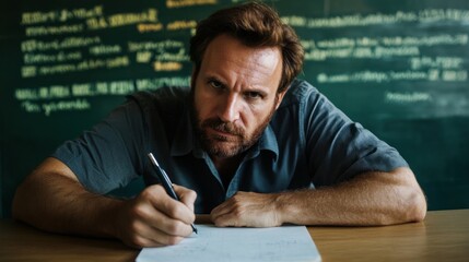 A dedicated teacher writes lesson notes with concentration at a wooden desk, surrounded by educational materials on a green chalkboard in a bright classroom