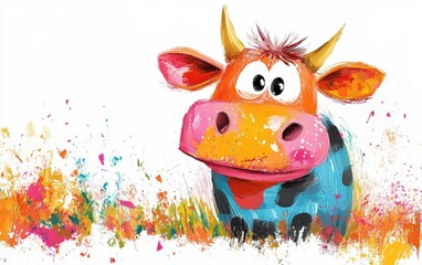Fototapeta premium kids book tales illustration of funny cow. Painted illustration. Kids book style on white background 